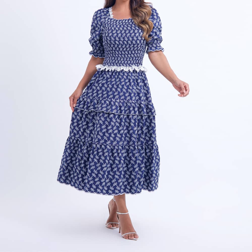 Vestido Feminino Barra Ondulada Azul-Marinho Bordado Natália - FL15