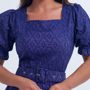 Vestido Feminino Midi Bordado Azul-Marinho Helen - FL08