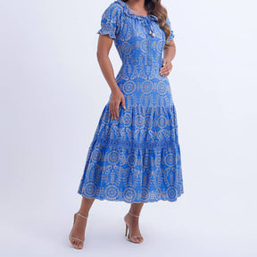 Vestido Feminino Midi Bordado Azul Gisele - FL06