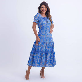 Vestido Feminino Midi Bordado Azul Gisele - FL06