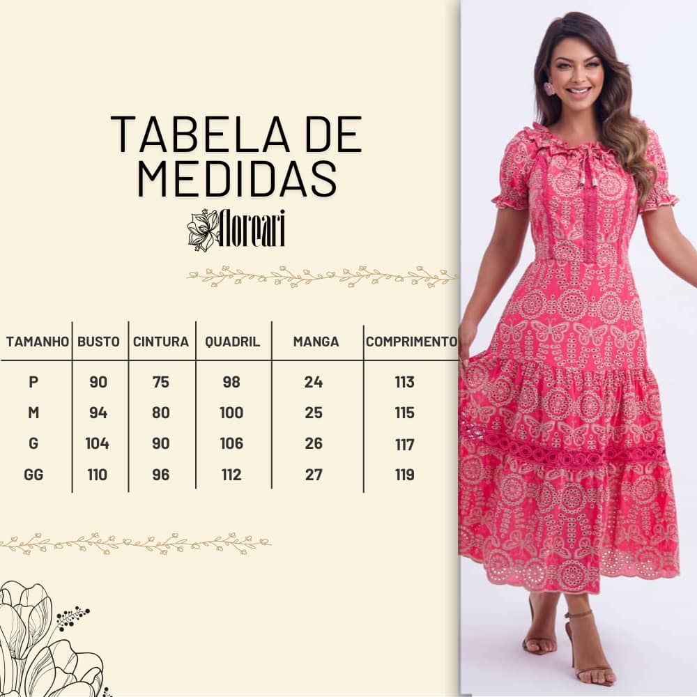 Vestido Feminino Midi Bordado Rosa Gisele - FL07