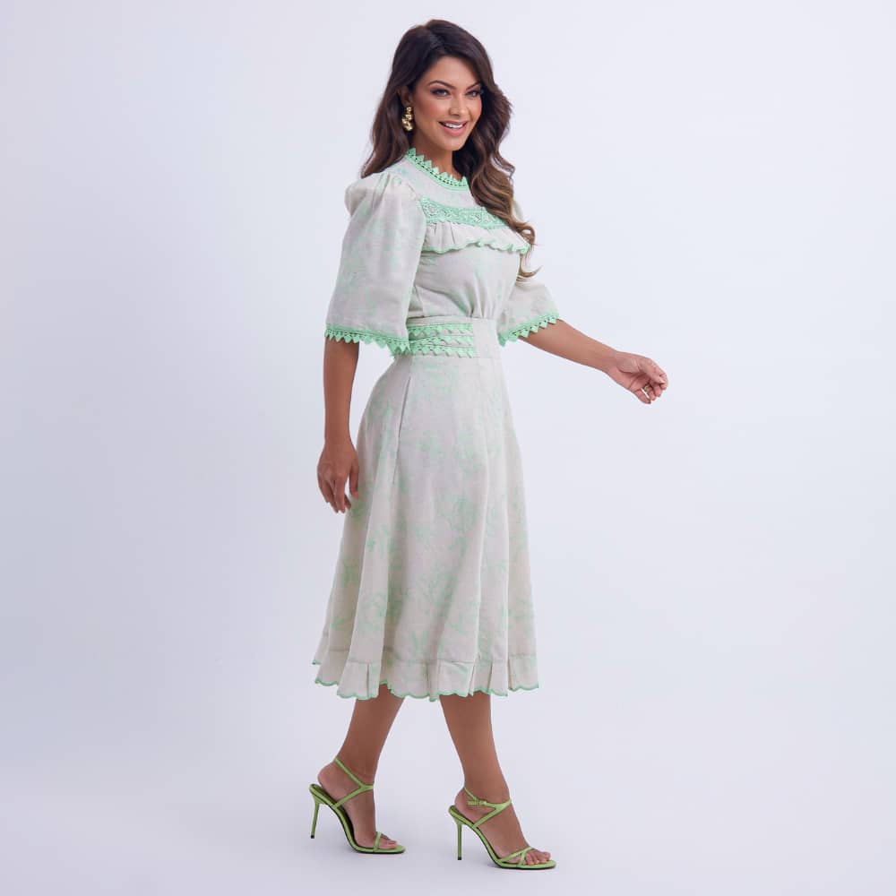 Conjunto Midi Off White com Bordado Verde Luana - FL01